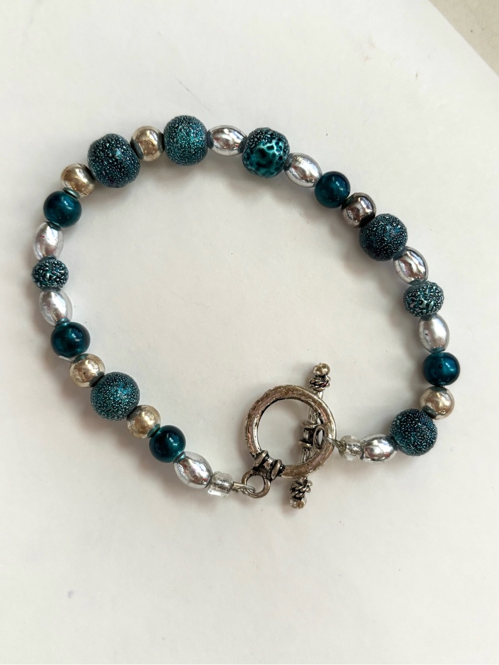 Teal and Silver Beaded Toggle Bracelet - Women's Jewelry